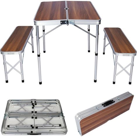 Table de camping alu couleurs bois pliante en valise + 2 bancs - 90 cm