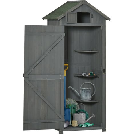 Gartenschrank Gartenhaus Gerätehaus Geräteschuppen mit Fachböden Asphaltdach Fenster Holz Grau+Grün 77 x 54,2 x 179 cm