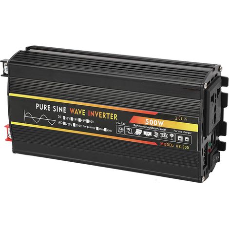 Convertisseur de puissance 500W à onde sinusoïdale pure, 1 prise universelle, 2 ports USB, écran LED, DC 12V vers AC 220V pour voiture (1/5)