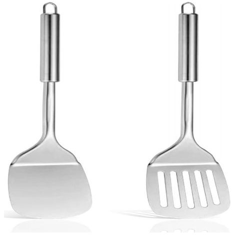 Spatules en acier inoxydable1 spatule plate et 1 spatule concave avec manche rond, confortables, faciles à nettoyer et pratiques à ranger, idéales pour toutes vos préparations culinair (1/5)