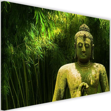 Tableau sur toile FLAT Bouddha Feuilles de bambou vertes 60x40 (1/5)