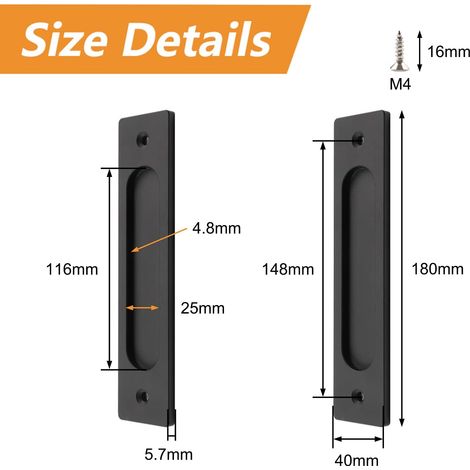 Poignée de porte d'intérieur Ensemble de 2 poignées de porte coulissantes rectangulaires encastrées en aluminium noir mat avec vis de montage pour portes de grange coulissantes MNS (1/4)