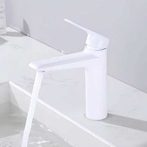 AMXCNOY Robinet mitigeur lavabo bas blanc brillant, corps en laiton cartouche céramique, flexible 80cm, eau chaude froide (1/5)