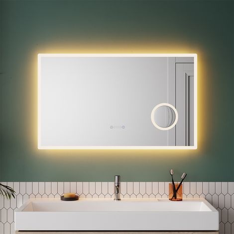 SONNI Specchio da Bagno Antiappannamento con Luce LED a 3 Colori e Ingrandimento 3x Interruttore a Sfioramento con Funzione di Memoria Display Orologio a Specchio IP44 a Risparmio Energetico 100x60cm (1/5)
