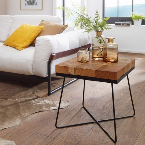 Table basse carrée 45x45x51 cm en acacia naturel et fer (1/4)