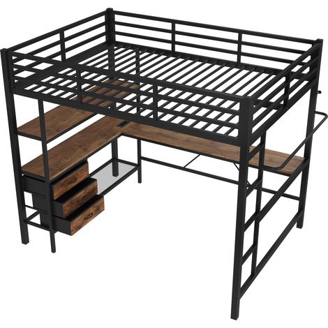 Letto a soppalco 140 x 200 cm in metallo e MDF nero con LED, scrivania, presa USB, cassetti e scala (1/5)