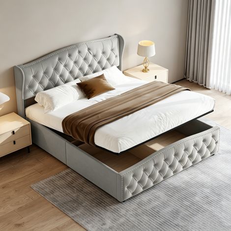 Lit coffre 160x200,lit 160x200 avec sommier à lattes,lit double capitonné,lit adulte,lit 2 personnes,design rivet,tissu en velours,Gris (1/5)