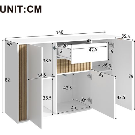 Credenza/cassettiera con 3 ante, 1 cassetto e illuminazione a LED regolabile – in bianco con venature del legno naturale, 140×40×82 cm (1/5)