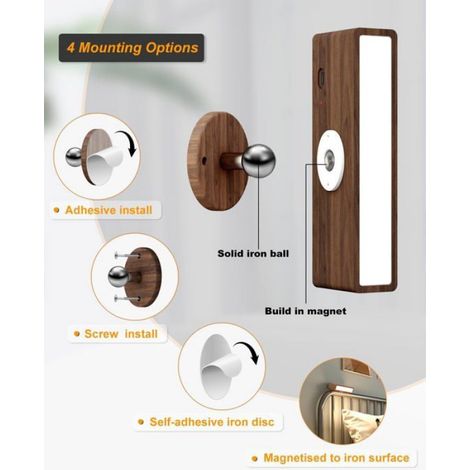 Lampe murale en bois alimentée par batterie, rechargeable et à intensité variable (1 pièce) (1/5)