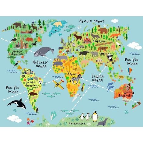 Carte du monde des animaux - 70x50 cm - Poster panoramique pour décoration murale chambre enfant (1/5)