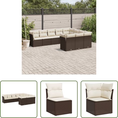 Meubles extérieurs -  Salon de jardin 10 pcs avec coussins marron résine tressée (1/5)