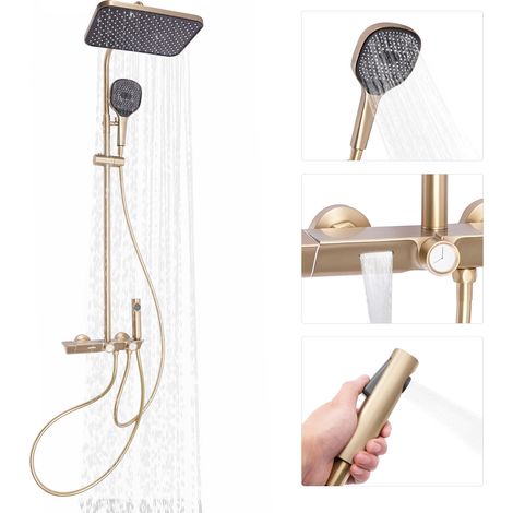 Douche thermostatique murale dorée. Mitigeur laiton, température constante 40°C. Douchette 3 modes, pomme de rosette 360°, Hauteur réglable. Assemblage requis.