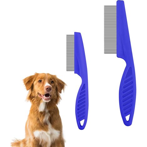 Pettine per animali domestici, pettine multifunzionale 2 in 1 per toelettatura e sgrassatura, rimozione macchie di pulci e lacrime, acciaio inossidabile e ABS, confezione da 2, blu (1/5)