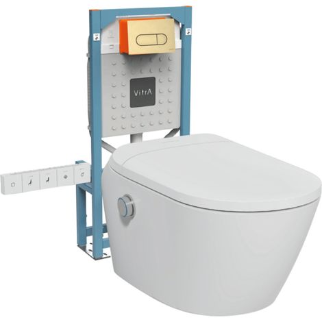 Pack WC lavant suspendu sans bride avec abattant et attentes électriques VitrA V-Care Ultra blanc + bâti autoportant V-Fix Easy + plaque or brossé (1/4)