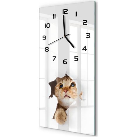Horloge Murale Rectangulaire Verticale Cadran Analogique Facile à Lire Chat dans le trou 30x60 cm (1/5)