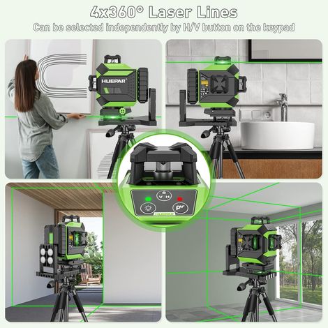 Huepar – Niveau laser 4D vert auto-nivelant 16 lignes – 2 plans horizontaux et verticaux – Batterie Li-ion 6600mAh – Support magnétique intégré – Étui de transport rigide