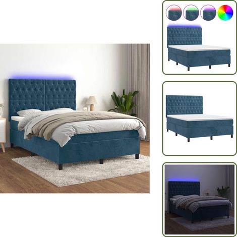 Letto con luci LED - vidaXL Letto a Molle con Materasso e LED Blu Scuro 140x200 cm - Letto con testiera regolabile