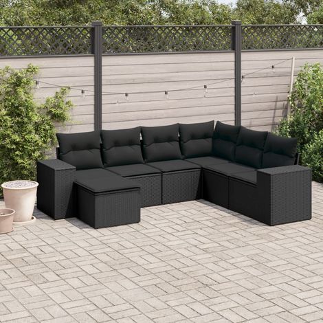 Ensemble Salon Jardin 7 Places Noir Résine Tressée - Canapé d'Angle, Central et Accoudoirs avec Coussins Amovibles - Mobilier Extérieur Modulaire Résistant aux Intempéries (1/5)
