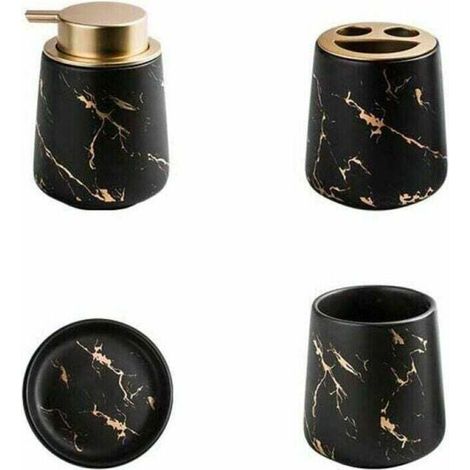 -Ensemble de 4 accessoires de salle de bain en céramique marbrée - Distributeur de savon, porte-brosse à dents, gobelet, porte-savon - Noir mat,12.58.5cm