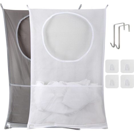 Set aus 2 Wäschekörben zum Aufhängen an der Tür, faltbare Wäschesäcke zum Aufhängen an der Tür, großer platzsparender Wäschekorb, großer Wäschesack (1 grauer und 1 weißer) (1/4)