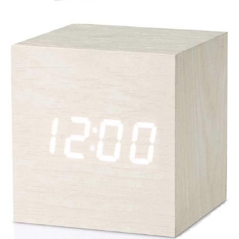 Réveil numérique, réveil en bois, horloge de bureau à piles USB, horloge cube (1/5)