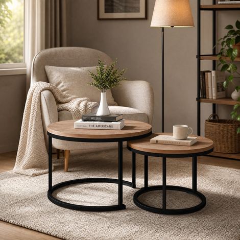 Table basse ronde 70,5 cm marron – lot de 2, empilable, sans matelas (1/5)