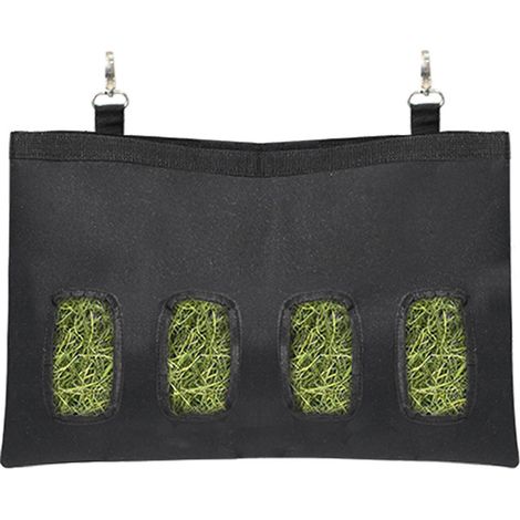 Bolsa de heno negra para conejos, dispensador de heno, bolsa de heno automática, bolsa de heno colgante con 4 ventanas para animales pequeños.