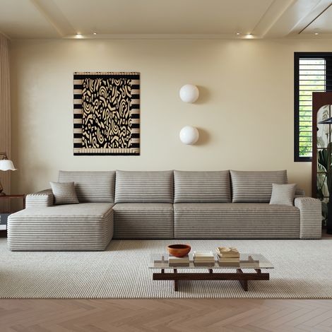 Divano angolare modulare 340 cm in velluto a coste cammello con chaise longue sinistra, seduta profonda, per soggiorno (1/5)