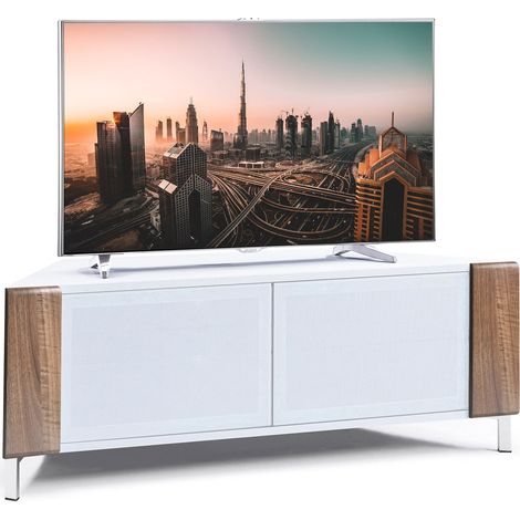 MDA Designs CORVUS Corner-Friendly Gloss White Contemporary Cabinet with Walnut Profiles White BeamThru Glass Doors Suitable for Flat Screen TVs up to 50" (1/5)