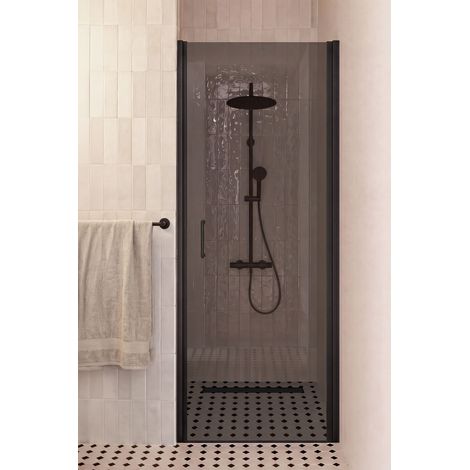 Porte de douche OWEN pivotante 80x195 cm BASS verre fumé noir + encadrement, profilé et poignée noirs (1/5)