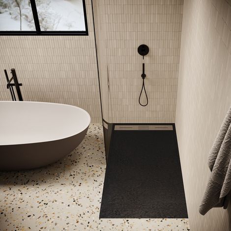 Piatto doccia ultrasottile 90 x 170 cm nero LUCIA in SoliCast® finitura ardesia