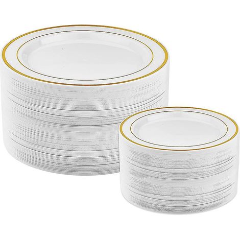 Assiettes en plastique doré - 25 assiettes plates et 25 assiettes à salade - Assiettes jetables pour fêtes