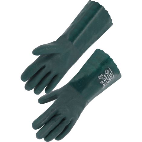 Gants PVC Vert Double Enduction Support Coton - etanches Anti-Chimique Acides Huiles - Norme EN374/EN388 - 35cm Taille 10 - Lot 10 (1/2)