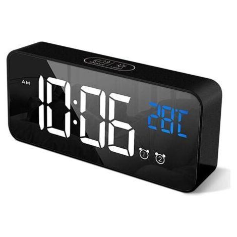 (Black)Digital Alarm Clock with Large LED Temperature Display, Portable Mirror Alarm with Dual Alarms Snooze Time 4 Levels Adjustable Brightness Dimmer (1/5)