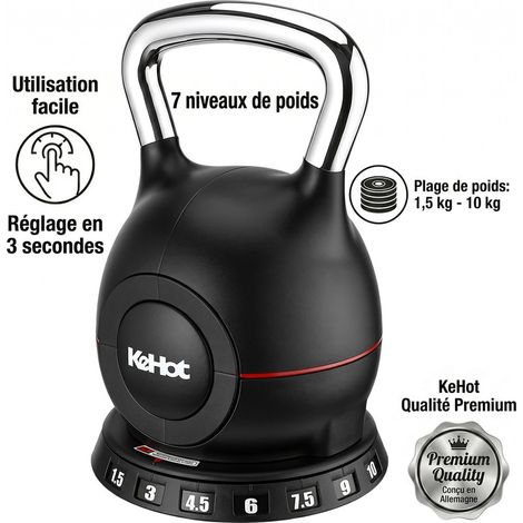 Lot de 2 Kettlebells Réglables 10 kg, Réglage de 1,5 à 10 kg sur 7 Niveaux, Poignée Ergonomique et Système de Verrouillage Sécurisé, Équipement Compact pour Entraînement à Domicile (1/5)