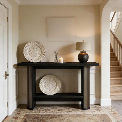 Table console moderne en bois, console étroite noire pour entrée, salon, 140 x 30 x 80 cm (1/5)