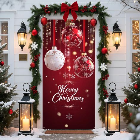 Décorations de Noël 2026 - Bannières, nœuds, décorations de Noël, rideaux de porte - 90 x 180 cm (œillets + ruban) - QL-43