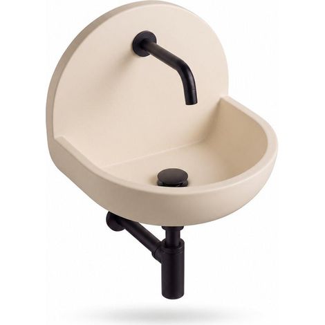 Saniclass Fuente Ensemble de lave-mains - 46.5x35x43.2cm - solid surface blanc cassé - robinet de lave-mains - bonde - siphon - noir mat (1/5)