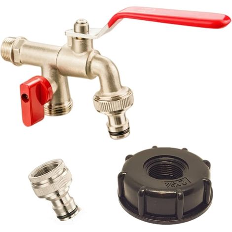 Double Robinet De Jardin 1/2" avec Adaptateur De Réservoir D'Eau IBC 1000L - Raccord en Laiton et PP, Filetage Gros 60MM S60x6 pour Récupérateur Eau De Pluie (1/5)