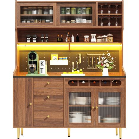 Vaisselier haut couleur noyer 145x39x171cm, meuble de cuisine avec éclairage led et étagères réglables (1/5)