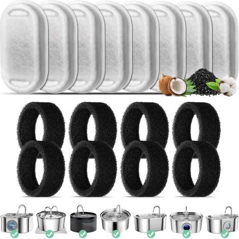 Per fontanella per gatti in acciaio inox da 3,2 l/2 l, 8 filtri con carbone attivo e 8 filtri in schiuma per fontanella per gatti (1/5)