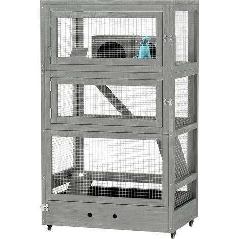 Jaula para hámster enano de madera, jaula para roedores de 65 x 45 x 109 cm con caseta, mecedora, paleta, cuencos de comida, jaula para animales pequeños de 4 niveles con cerradura, rampas, ruedas, gr