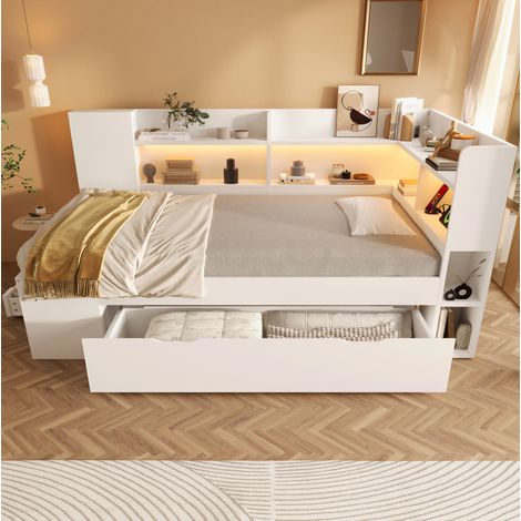 Cama 90x200 cm blanca de madera con LED, USB/Type-C, cajones y estantes (1/5)