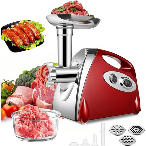 Elektrischer Fleisch- und Wurstwolf, 2800 Watt, Vorwärts-/Rückwärtslauf, 3 Schneidplatten, mit Wurstset und Kubbe (Rot) (1/5)
