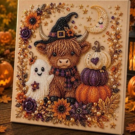 DIY Halloween Raven Pumpkin Handmade Pearl Painting Bedroom Decor Set - Highland Bull - 2020cm with Frame