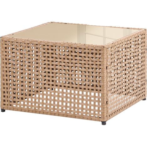 Mesa de centro tablero de vidrio estructura de ratán sintético diseño moderno para jardín 66 x 66 cm beige Omegana