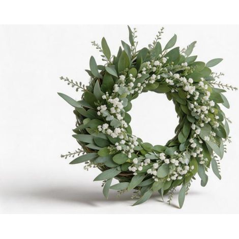 Irovami Couronne artificielle en eucalyptus , Couronne de porte 66cm avec gypsophile – Décoration murale extérieure intérieure résistante aux UV (1/3)