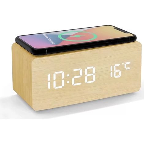 Réveil numérique en bois (couleur bambou) avec chargement sans fil, affichage de la température et indicateur LED. (1/5)