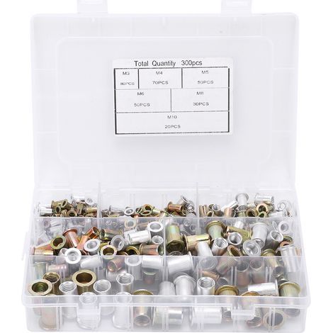 Juego de 300 piezas de tuercas remachables de acero al carbono, kit de insertos roscados, surtido con 6 especificaciones (1/4)