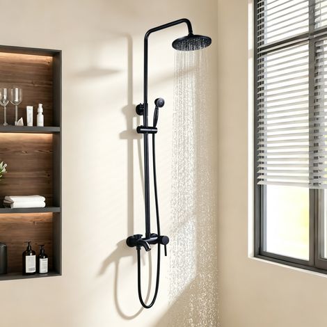 Ensemble de douche avec mitigeur 3-en-1, colonne de douche noire, pomme de douche ronde de 20 cm avec douchette à main, hauteur réglable (1/5)